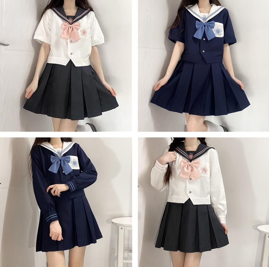 ブラウスTシャツワンピース韓国ファッション JK制服 ネイビーカラートップス＋プリーツスカートセーラー服二点