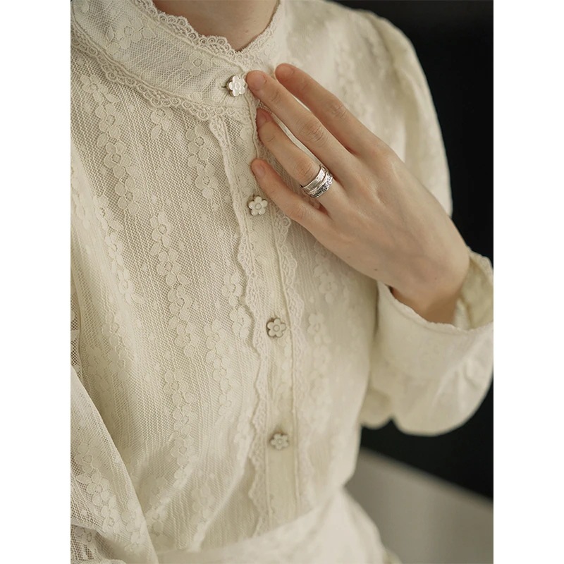 【快速出荷】レースブラウス レディース スタンドカラーシャツ 刺繍 トップス ジャガード おしゃれ シャツ ブラウス 長袖 オフィス 通勤 合わせやすい