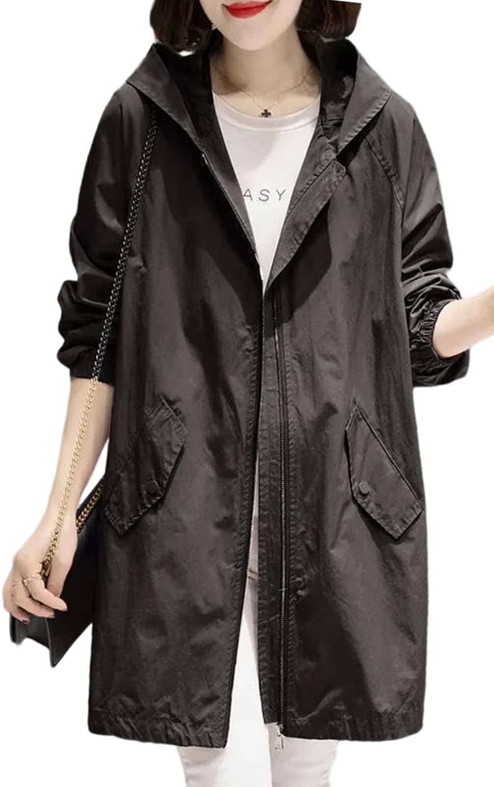 [ニーマンバイ] マウンテンパーカー 長め丈 アウター ブルゾン レディース 春 秋 フード付き 裏地あり スプリングコート ダボパーカー アウター 軽量 ジップアップ 無地 おおきい オオキイ ゆっ