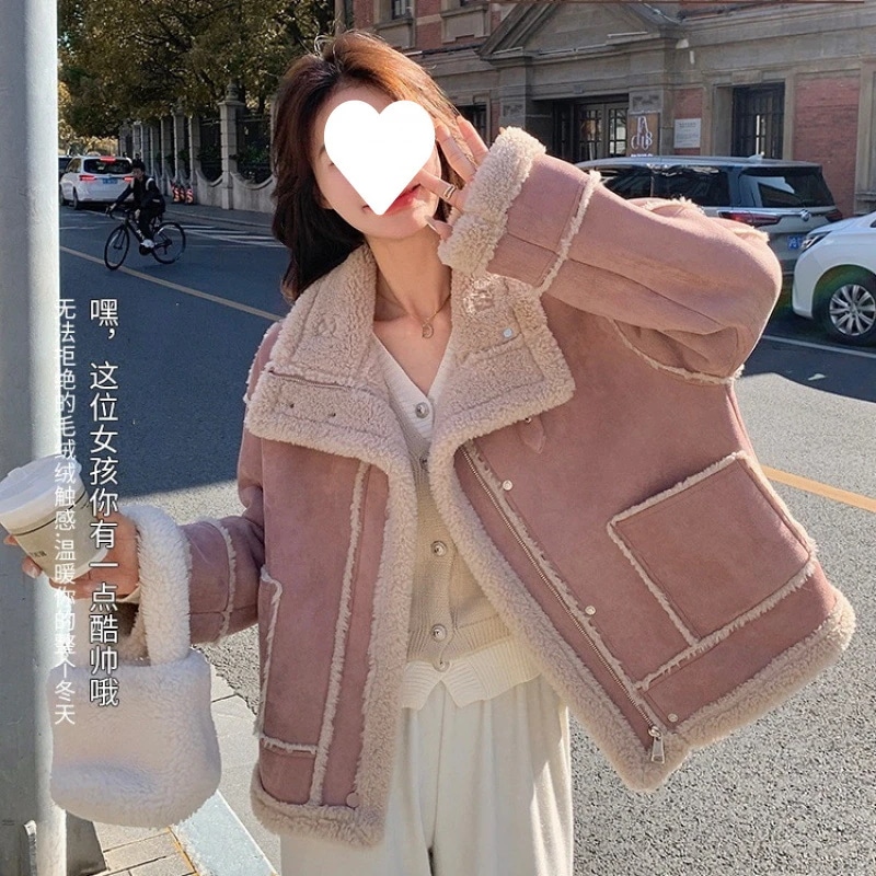 ピンクのラムフリースコート新作秋冬スタイル人気商品厚手でフリースの裏地が付いた女性用の万能トップス