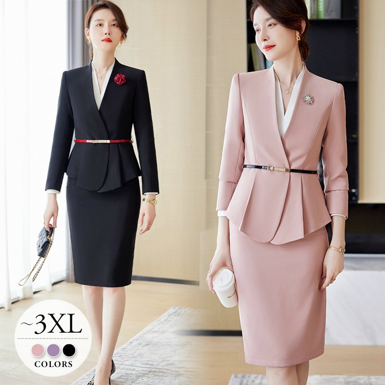 レディース ブラック 上品 フォーマルスーツ 卒業式 大きいサイズ ギャザー 代 同窓会 パーティー ピンク スーツセット ノーカラージャケット ママスーツ 卒園式 入学式 無地 スカートスーツ