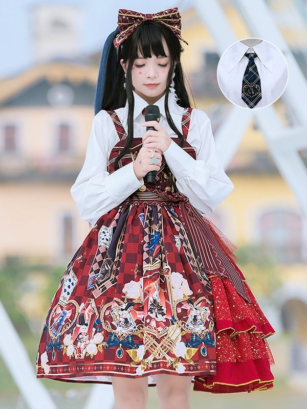 【短納期】甘いロリータJSKドレス　赤黒　ポリエステル　ネクタイ　アイドル服　ロリータジャンパースカート