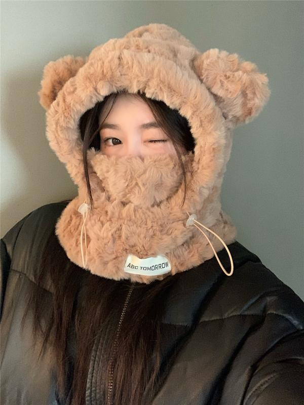 耳隠れる帽子 レディース 冬 くま耳 大人 厚手 防寒 保温 かわいい 被り物 アウトドア コスプレ お出かけ フェイスカバー 茶 ベージュ グレー
