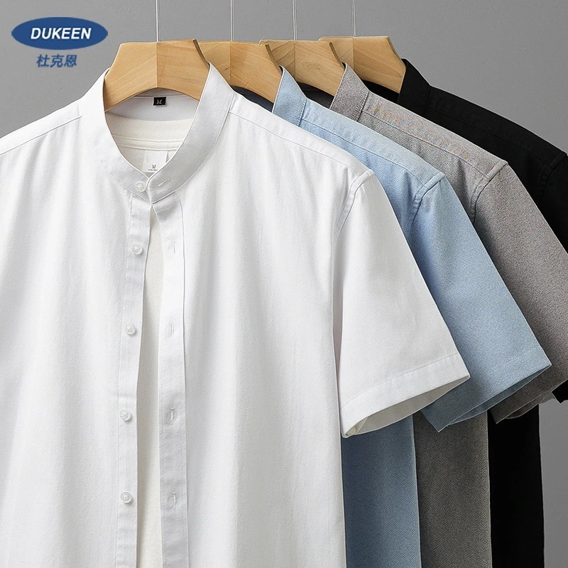 新中国風スタンドカラーシャツメンズ半袖ハイエンド2024年日本製厚手オックスフォードテキスタイル白シャツ夏