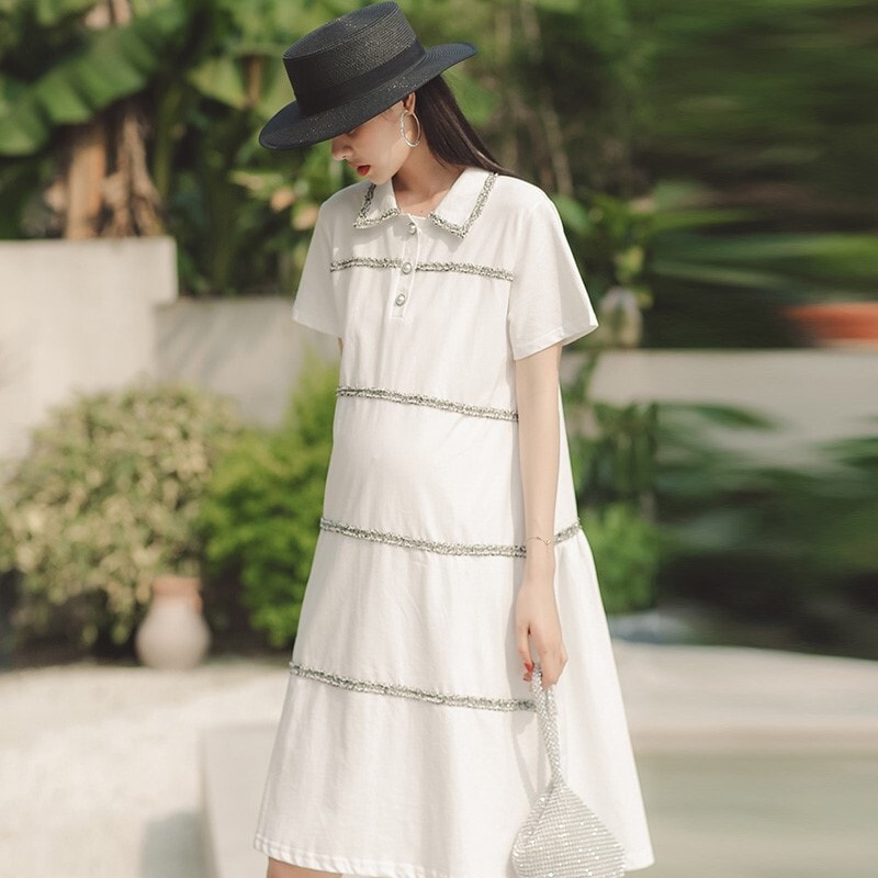 【日本未発売/送料無料】マタニティ ポロシャツ風 ワンピース 襟付き 半袖 おしゃれボタン