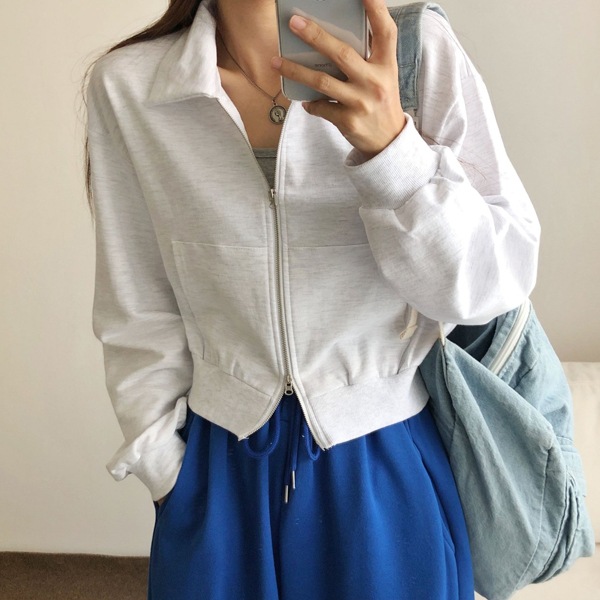 韓国ファッション ベーシック ツーウェイ カラー クロップ ジップアップ マンツーマンTシャツ