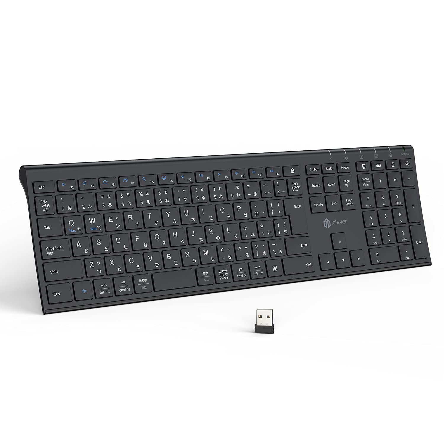 iClever キーボード ワイヤレスキーボード 無線 2.4G(レシーバー付属) 日本語JIS配列 薄型 USB-C充電式 フルキーボード テンキー付き 静音 ウルトラスリム パンタグラフ パソコン