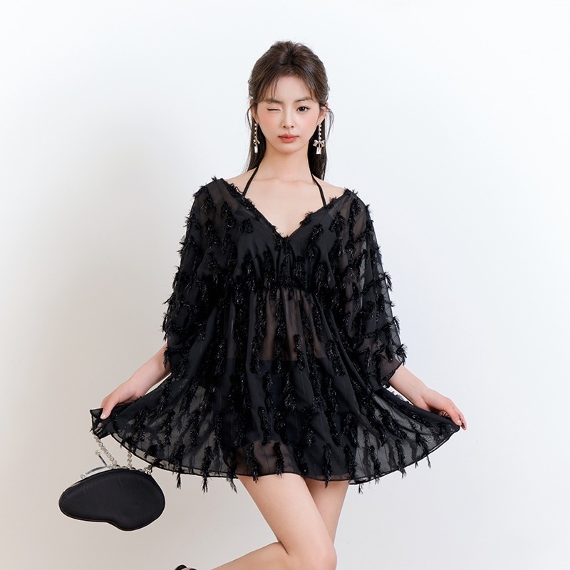 ワンピース水着 水着 ビキニ 2way スカート 体型カバー 黒 白 Vネック 七分丈 大人 高級感 高見え 韓国 レディース 体型カバー オルチャン 露出控えめ 可愛い かわいい