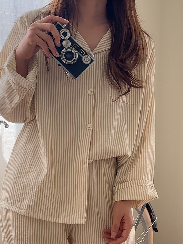 Qoo10 HAPPYDAY [H.made] ストライプ 長袖 ボタ