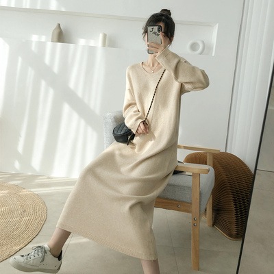 ワンピース デート ニットソー セーター ロング ロング丈 袖あり 長袖 Vネック 無地 秋 冬 個性的 アプリコット ブルー ブラウン ブラック S M L XL ゆったり こなれ感 エレガント