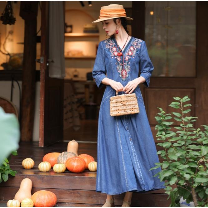 [IR&CE初売り特売]デニムワンピース シャツワンピース ジーンズ ロング丈 ワンピース 着痩せ 夏 五分袖 デニムシャツ 春秋 ジーンズ 花柄 前開き お出かけ ロングデニム上品 5,596円