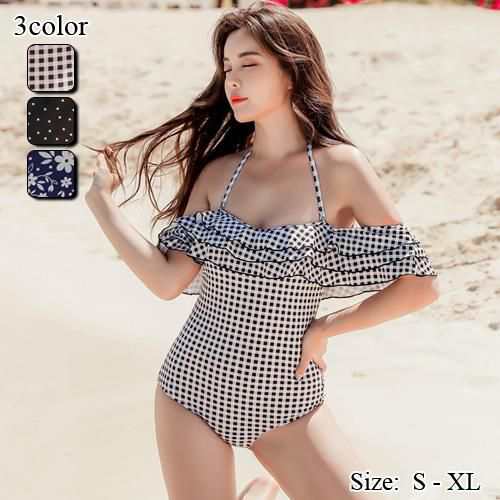 【グラシア】 水着 モノキニ レディース ビーチウェア スイムウェア 流行 海 プール オフショル 3段 ティアード フリル 華やか 体形カバー 魅力的 チェック柄 ドット柄 フラワー柄 S M L