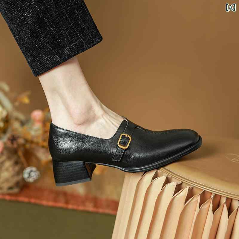 ローファー レディース オフィス カレッジ 通勤 通学 仕事 英国最上層 牛革 女性 春 厚手 ヒール 小さい 革靴 深口 シングル シューズ