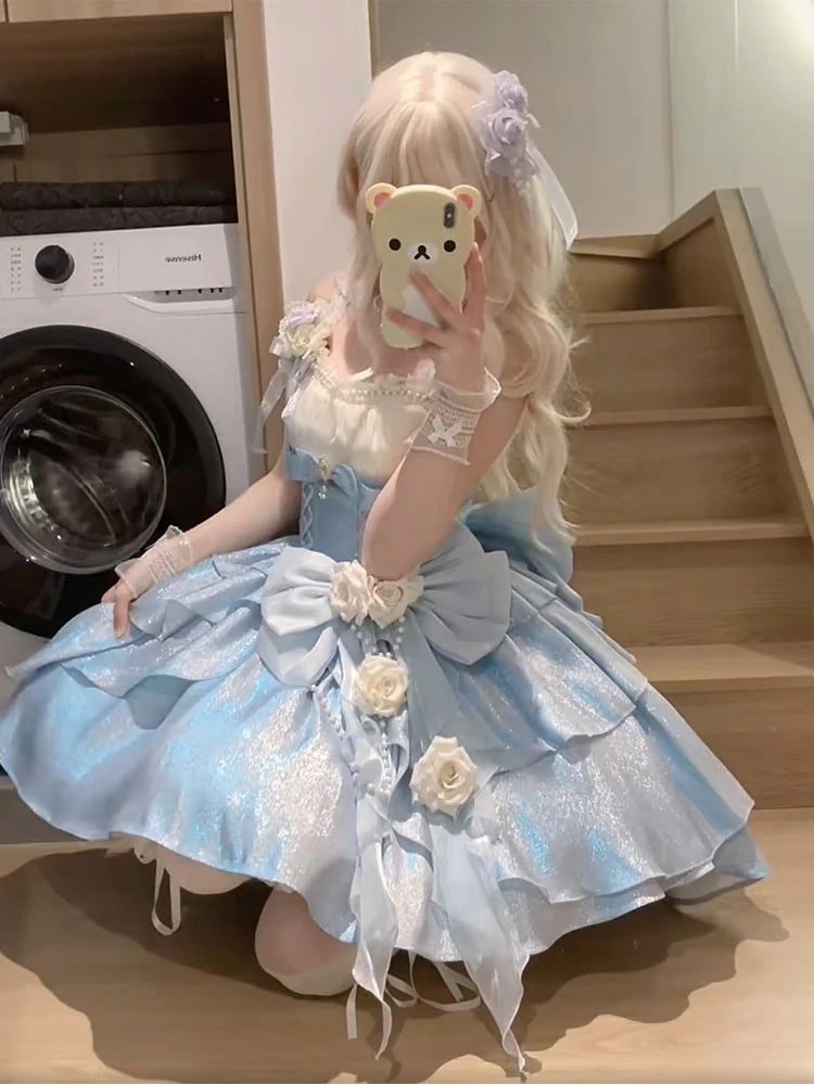 ピンクローズjskプリンセスドレスリトルフラワーウェディングスカートハートノットバースデーかわいい甘いロリーワンピースドレスドレス