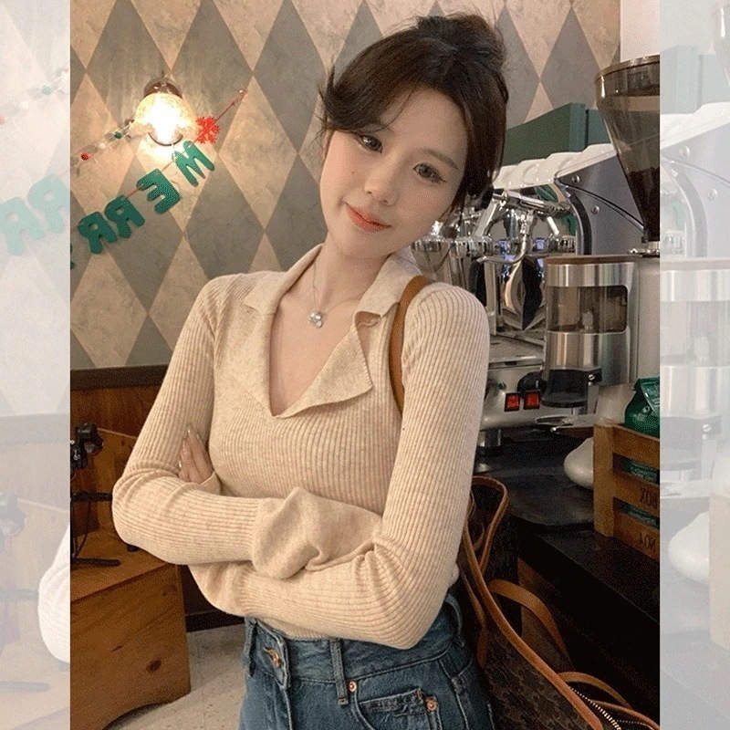人気なリブニット韓国ファッション秋春Polo襟アンダーウェアVネック高級感ニッチデザインニットカーディガン着痩せ高級感セーター流行り長袖トップス