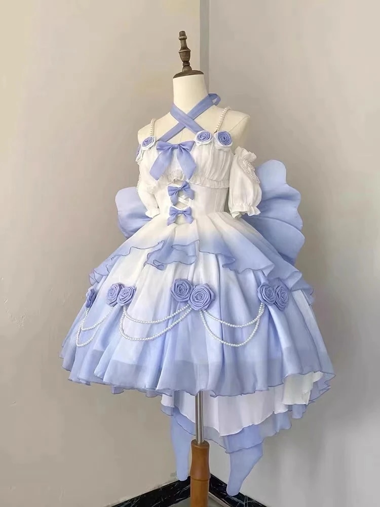 グラデーションブルーライトフラワーウェディング中空フロントショートバックロングロリータ細かいグリッターロリータふわふわ重工業プリンセススカートロリータスカート