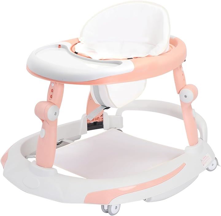 ベビーウォーカー 3in1 歩行器 赤ちゃん 4モード 折りたたみ 高さ調整可能 食事用プレート付き 横転防止 コンパクト 収納便利 手押し車 ベビー用品 6～18か月( ピンク)