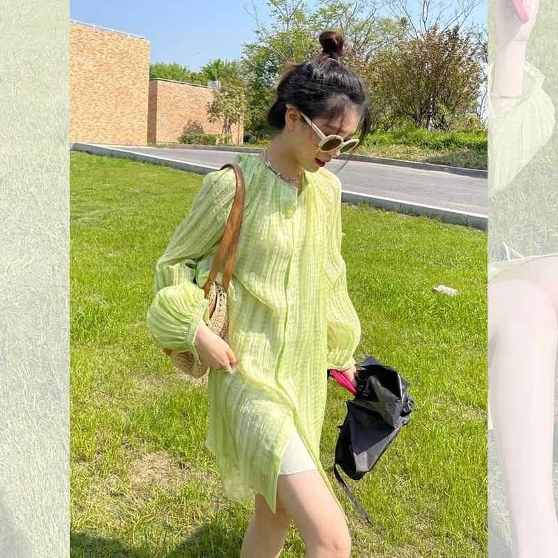 「爆買」フレンチ 長袖 グリーン スカート ワンピース かわいい ドレス デザイン 秋 上品 スタイル お洒落 パフスリーブシャツ レディース