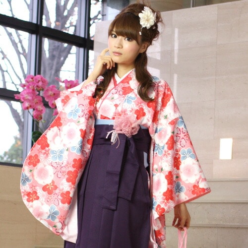 レンタル卒業式 袴 レンタル 女 袴セット 卒業式袴セット2尺袖着物＆袴 フルセットレンタルピンク地に麻の葉と梅 赤水色安い ピンクハカマ はかま rental