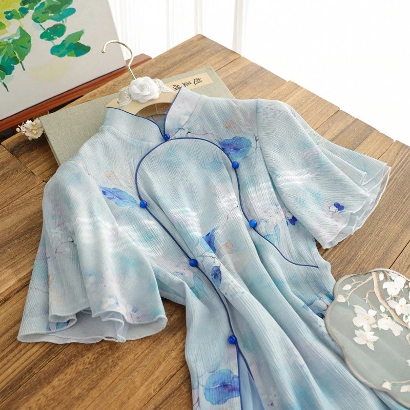 【急速出荷!】優しく淑やかなブルー反転大袖改良チャイナドレス2024春新作エレガントヤングスタイル