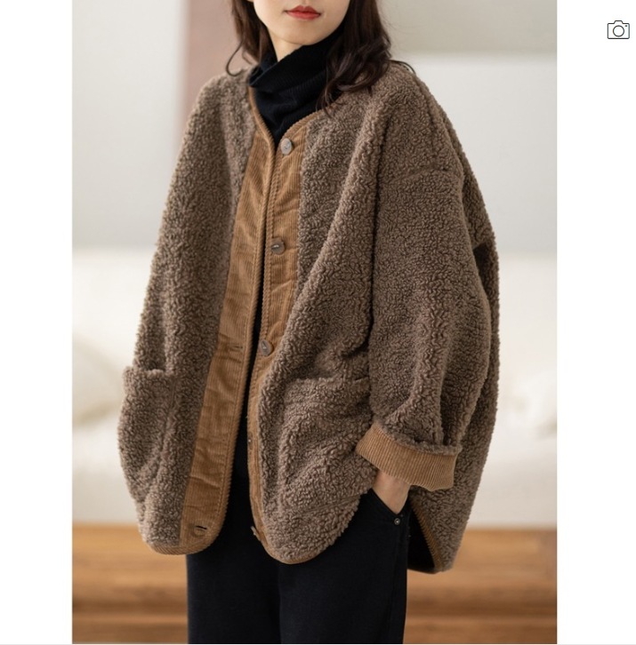 レトロ風 モテコーデ アウター ジャケット 袖あり 長袖 Uネック もこもこ モコモコ ふわふわ ポケット 前開き ボタン かわいい 可愛い きれいめ カジュアル おしゃれ お洒落 レトロ