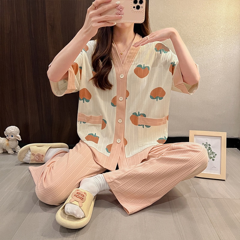 3点セット パジャマ 夏用 レディース ルームウェア 桃柄 部屋着 女性用 半袖上着 パンツ 短パン 長ズボン 涼しい 爽やか レディースパジャマ かわいい 上下セット セットアップ