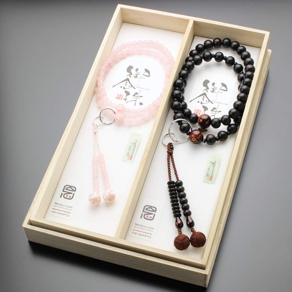 念珠ドットコム ペア数珠浄土宗 数珠 男性用（三万浄土 縞黒檀 赤虎目石 正絹梵天房）浄土宗 数珠 女性用（8寸 ローズクォーツ 正絹梵天房）本銀輪 ペアセット【本式数珠 京念珠 京都 念誦 二