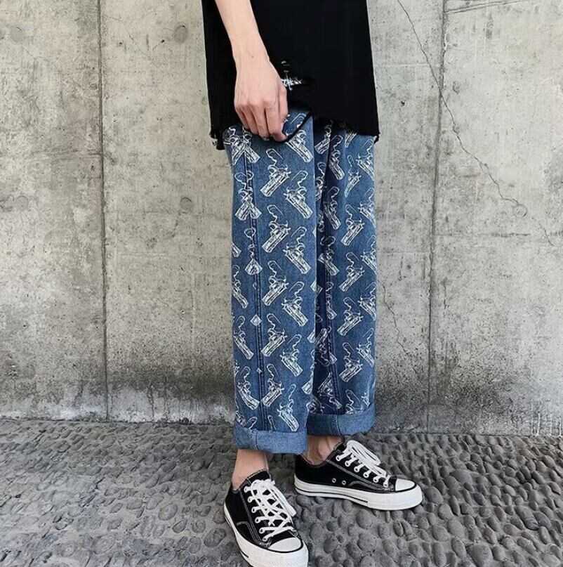 ボトムス パンツ ズボン ワイドパンツ ストレートパンツ ジーンズデニム Gパン フルレングス ストレート ゆる ブルーデニム かわいい カジュアル 個性的 存在感 プリント 春