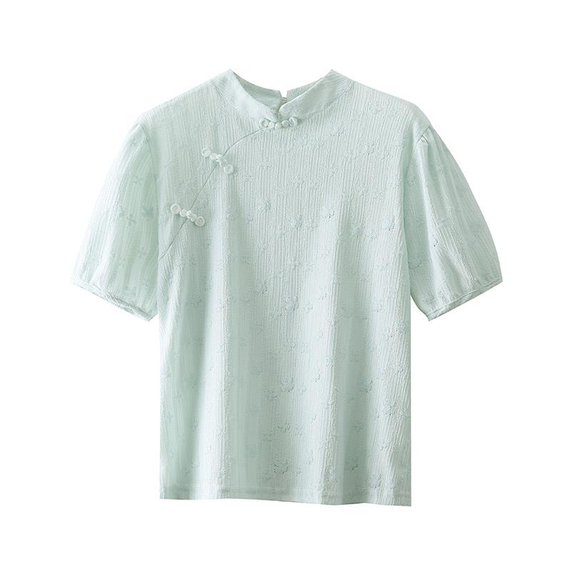 ブラウス チャイナテイスト ボタン 半袖 シャツ レディース 夏 スタンドカラー シック トップス ファッション シンプル