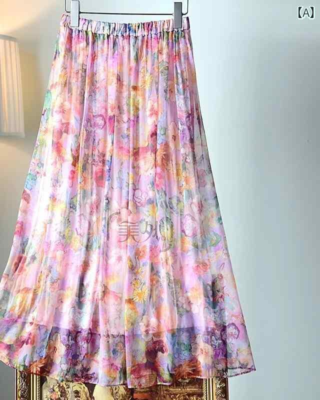 スカート ロング プリーツ レディース 春夏 Aライン 細見え カラフル フェミニン 通気性 シアー ハイウエスト 大きめサイズ 柔らかい 花柄 紫