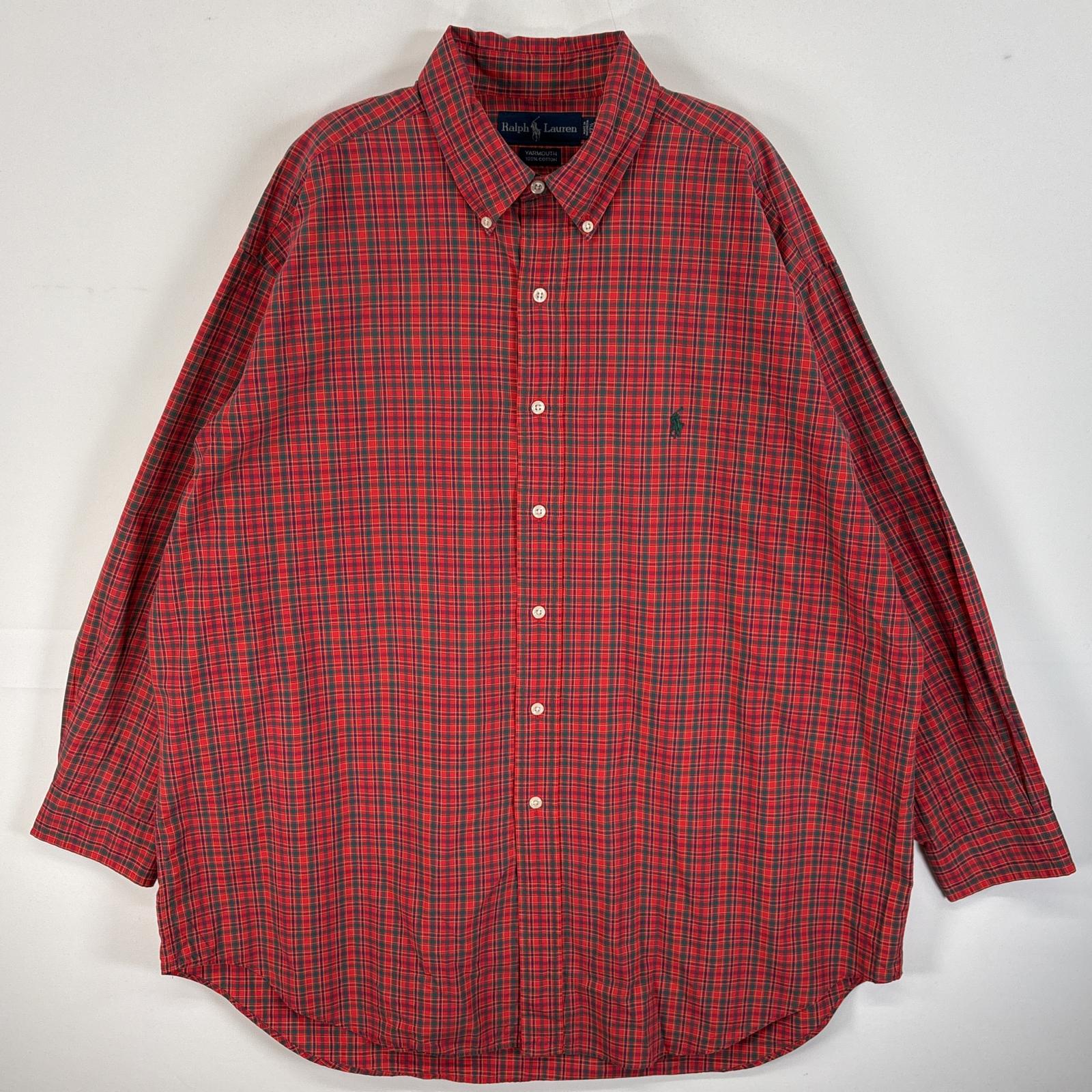 古着 90s/90年代 長袖シャツ ロゴ 刺繍 大きいサイズ ボタンダウンシャツ 17 1/2 XL-2XL レッド系 チェック メンズ
