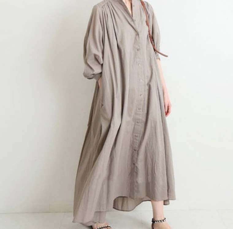 ワンピース デート かわいい 大人可愛い きれいめ シンプル カジュアル 大人 上品 おしゃれ 長袖 シャツワンピ ロング丈 マキシ 前開き 薄手 夏 春 秋 スタンドカラー 韓国 パフスリーブ モテ