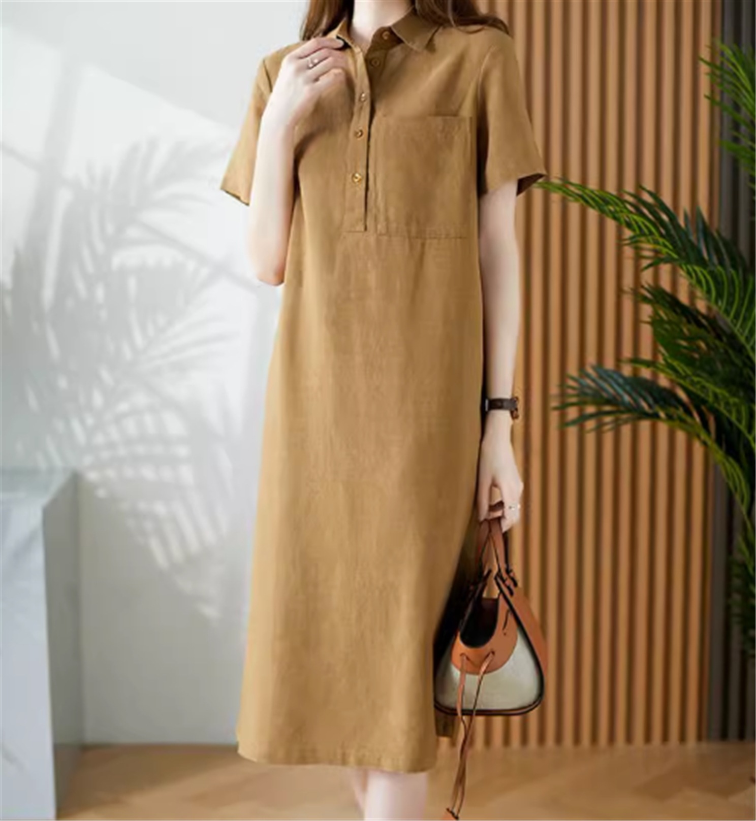 ワンピース シャツワンピース ミモレ丈 半袖 Vネック POLO襟 大人可愛い シンプル カジュアル 大人女子 こなれ感 春 夏10代 20代 30代 40代 レディース ママ 学生 デート