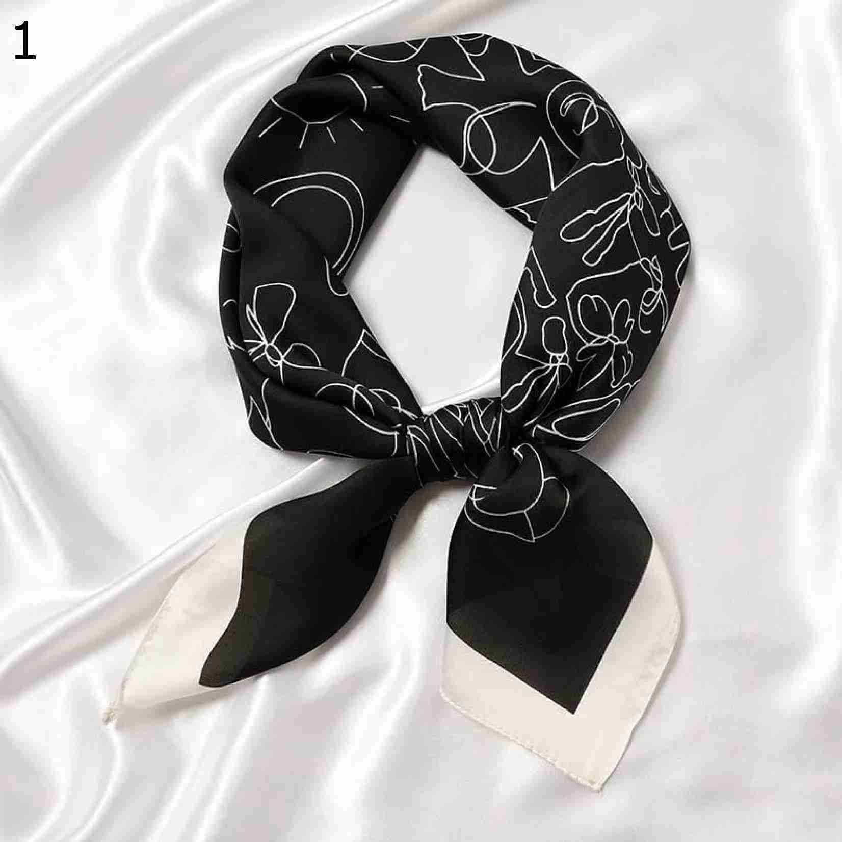 【20%OFFクーポン～】70 センチメートル女性ファッションサテンスカーフオフィスレディネッカチーフショールラップヘアバンドリボンプリントスクエアスカーフ スカーフ (Color : Black
