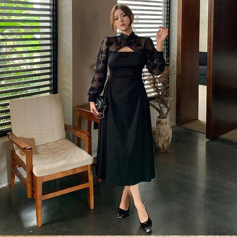 【期間限定特価】大きいサイズの女性の秋服新しい脂肪mmチャイナドレス改良ドレス高級着用セクシーな花のスカート1679 母の日のプレゼント