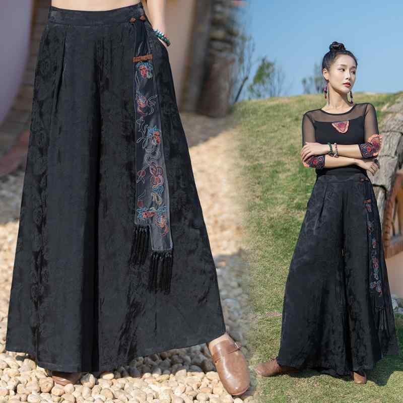 パンツ レディース ボトムス エスニック 刺繍 ハイウエスト ワイド ストレート レトロ ファッション 花柄 ブラック