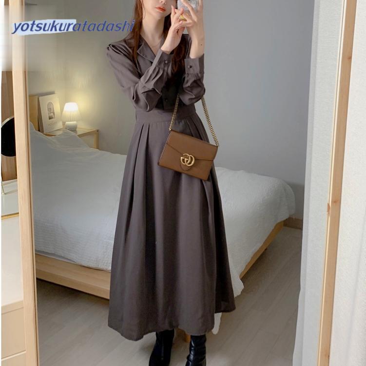 短納期 ワンピース レディース 40代 50代 きれいめ 春 夏 秋 春夏 無地 襟付き 長袖 ロング丈 Aライン