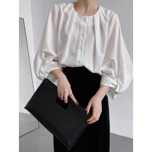 丸首 綿麻シャツ ブラウス レディース 春 秋 夏 ハイネック ギャザー リボン フレア長袖トップス オシャレ 通勤 大人 OL