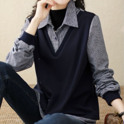 重ね着風長袖トップス トップス ブラウス ベスト スウェット ロング丈 長袖 襟付き ストレート 5,057円