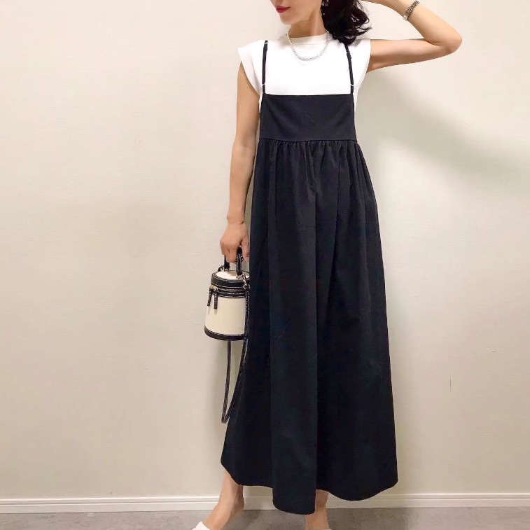 レディース スカート サロペット ロングスカート ロング 袖なし ノースリーブ 襟なし ワイド ハイウエスト かわいい 大人可愛い きれいめ シンプル カジュアル 上品 おしゃれ レトロ こなれ感