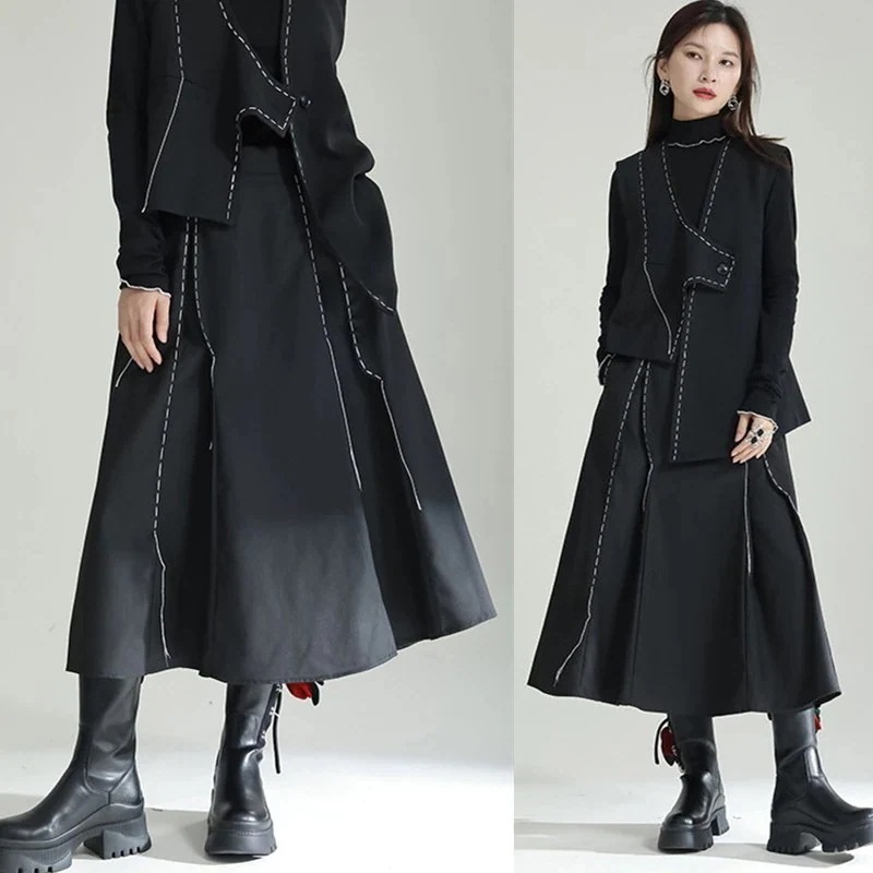 【J.Fashion】 春 ロングスカート ラインデザイン Aライン プリーツ 不規則 大きい裾 ベストも店で購入可能 メガ割30%までに制限