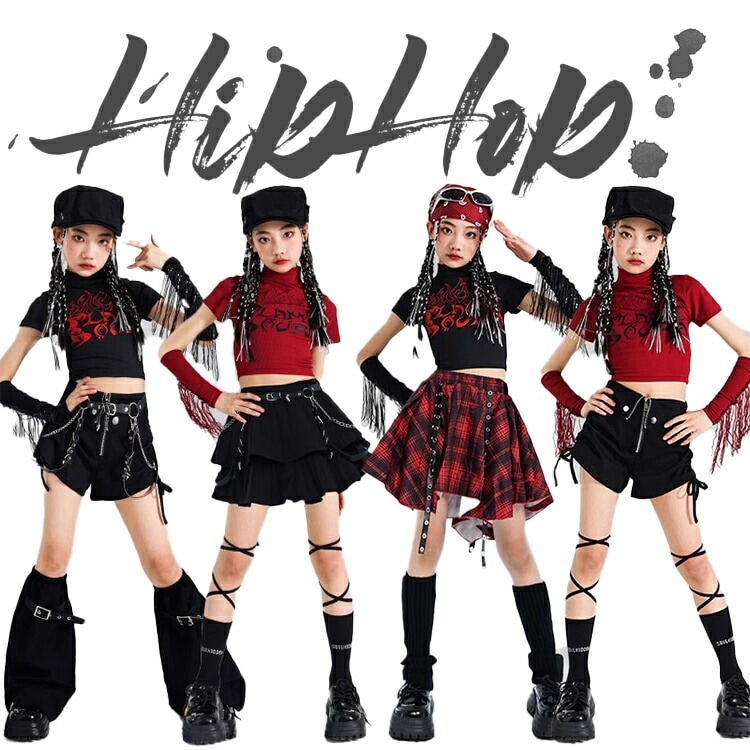 ダンス ブラック レッド キッズ 女の子 Y2K へそ出し ダンス衣装 スカート ガールズ 短パンツ ダンスウェア 発表会 応援団 イベント ジュニア カッコイイ jazz K-POP オシャ