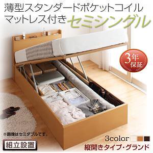 [組立設置料込み]国産 跳ね上げ収納ベッド [Freeda]フリーダ [薄型スタンダードポケットコイルマットレス付き] 縦開き セミシングル 深さグランド [フレーム色]ナチュラル