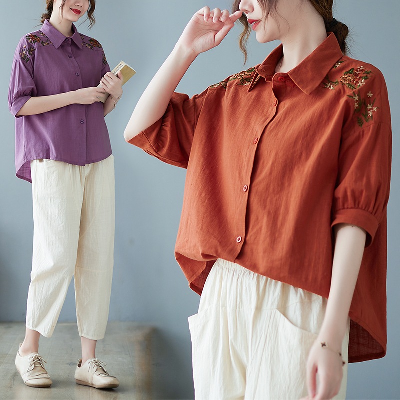 春夏ゆったり刺繍シャツトップス＋ハーレンパンツセット トップス パンツ シャツ ストレートパンツ アンクル丈 半袖 五分袖 襟付き ストレート 刺繍 前開き ウエストゴム 大人可愛い きれいめ 5,314円