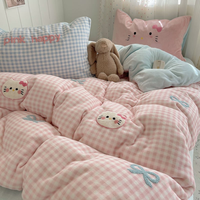 冬のかわいい猫少女のハート格子ミルクレープ4点セット厚手保温両面シーツベッド笠3点セット
