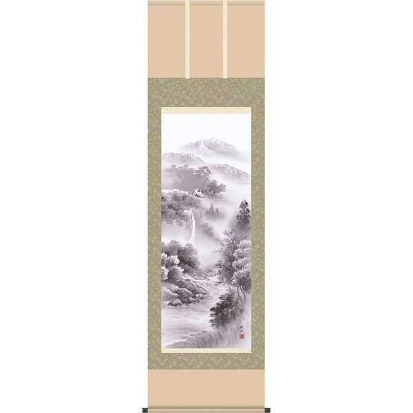 掛軸/山水画/水墨山水/悠景彩遷/長江桂舟/三美会/正絹二丁本表装/尺五サイズ幅54.5cm/桐箱畳紙収納/表装品質十年保証