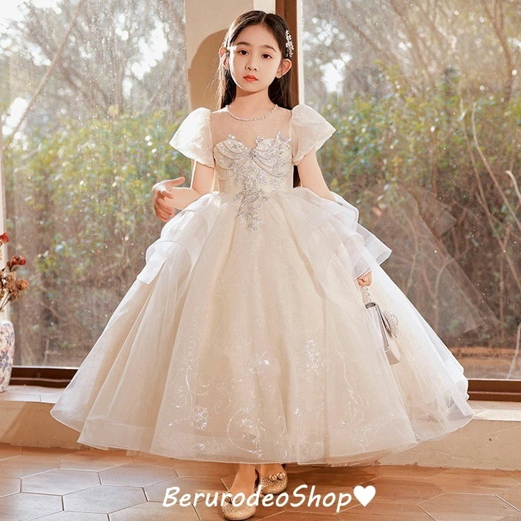 子供ドレス ピアノ発表会 シャンパン色 ロングドレス 女の子 パフスリーブ プリンセスドレス 女児ドレス ビーズ ラインストーン スパンコール 素敵 キレイめ 演奏会ドレス キッズドレス 100 11