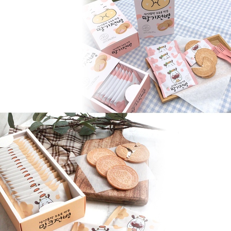 三養牧場 牛乳で作ったミルク煎餅2個+イチゴ煎餅2個 / プルダックポックンミョンの会社が作った美味しい韓国のお菓子！