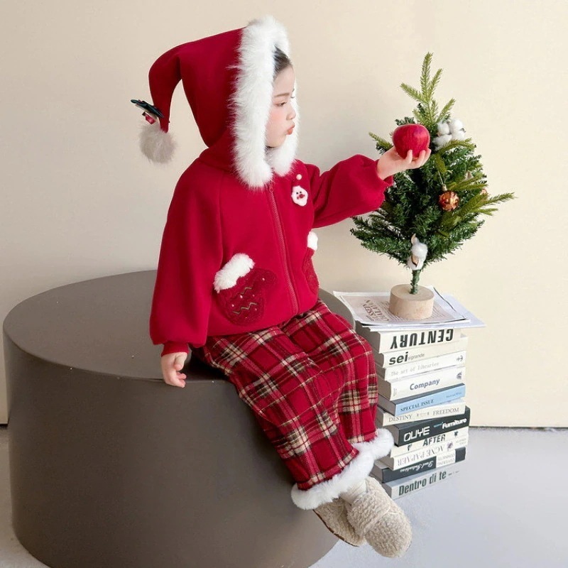 女の子赤セット秋冬新作 トップスパンツ 裏起毛2点 チェック クリスマス キッズ セットアップ
