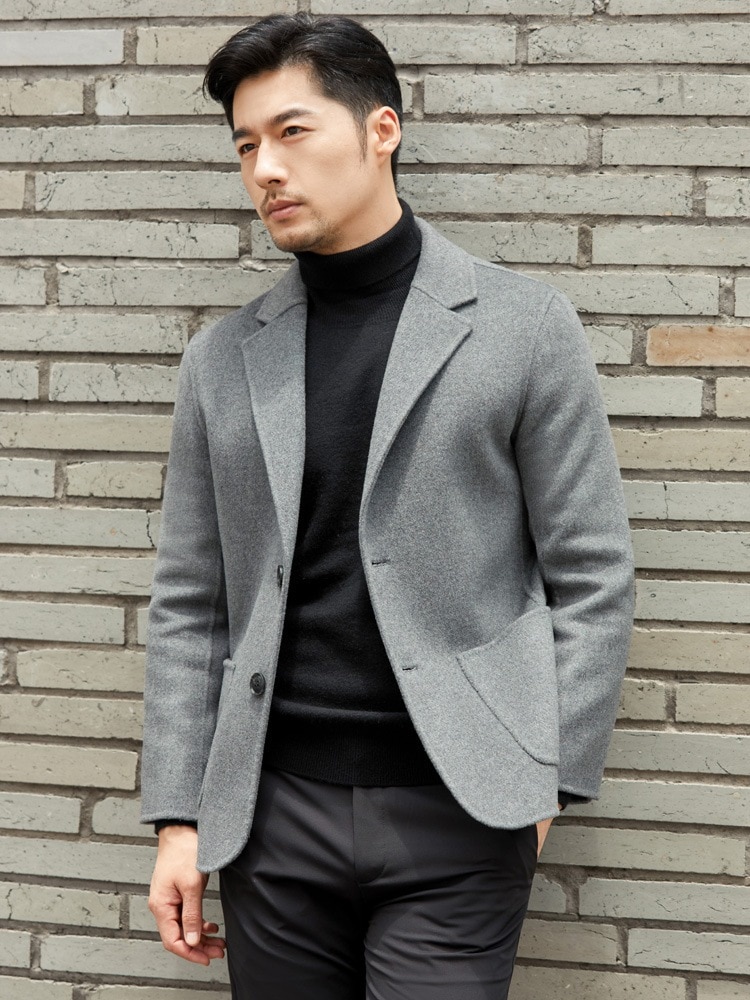 ウール両面ツイードスーツ メンズツイードジャケット ショートツイードスーツ 襟 カジュアルウールコート